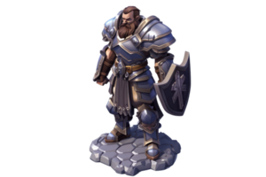 Fantasy warrior in detailed armor stands firmly on rocky platform, holding sword and shield. Concept art of a heroic knight character. png