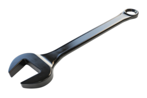 High-quality black metal wrench with open-end, isolated on a transparent background. Perfect for mechanical and industrial tools concept. png