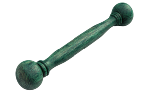 Green wooden rolling pin with a smooth finish, useful in the kitchen for rolling out dough for baking and cooking. png