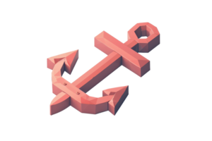 Low-poly 3D anchor model isolated on a transparent background, ideal for nautical-themed design projects and graphic assets. png