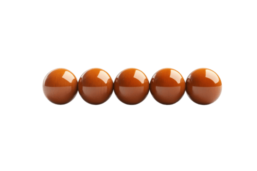 Line of five smooth, glossy brown spheres arranged in a row against a transparent background. showcasing symmetry and simplicity. png