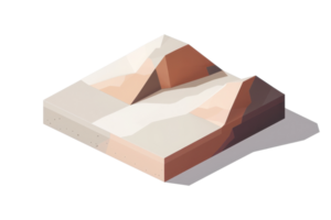 Isometric terrain model illustration showing mountains and valleys in a art style, depicting elevation and landscape contours. png
