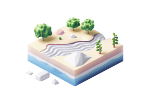 Isometric illustration showing a 3D slice of land with forest, river, rocks, and trees, representing natural landscape elements. png