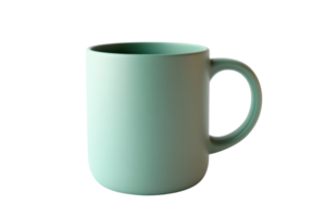 Minimalist light green mug with a handle on a transparent background. Perfect for coffee, tea, and hot beverages. Simple and elegant design. png