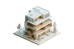 Modern architectural model of a multi-story building with minimalist design and clean lines, showcasing urban residential layout. png