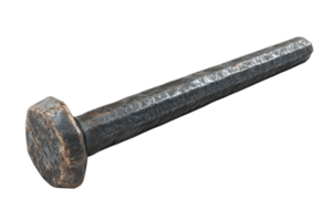 Old rusty railroad spike isolated on a transparent background. showing wear and patina from years of use in construction and engineering projects. png