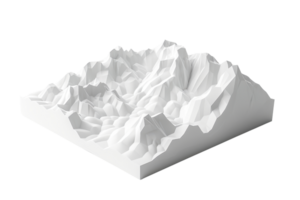 Monochrome 3D terrain model showcasing mountainous topography with sharp peaks and valleys, isolated on a transparent background. png