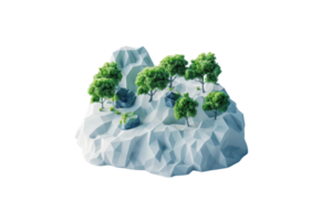 Polygonal 3D model of a floating island with trees, representing abstract nature and modern digital art. png