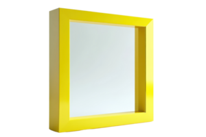 Modern yellow square photo frame with reflective glass and minimalist design, isolated on a transparent background. png