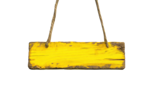 Empty rustic yellow wooden sign with hanging rope isolated on transparent background. Perfect for advertisements, messages, and artistic projects. png