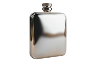 Shiny stainless steel hip flask isolated on transparent background. Perfect for portable beverage storage. Sleek design ideal for gifts or personal use. png