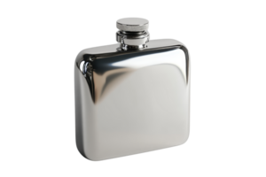 Sleek silver hip flask with a polished finish, perfect for carrying your favorite beverages. Minimalist design makes it a great gift for any occasion. png