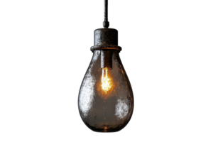 Vintage light bulb with glowing filament isolated on transparent background. showcasing industrial design and warm lighting in a minimalist style. png