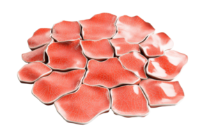 Abstract red and white textured ceramic tiles arranged in an irregular pattern, on a glossy transparent background. png