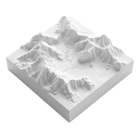 3D terrain model in white showcasing detailed mountain ranges and valleys, perfect for geographical and topographical studies. png