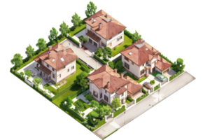 Aerial view of suburban neighborhood with four houses featuring red roofs, green lawns, trees, and driveways on a bright, sunny day. png