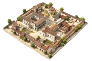 Aerial view of a detailed ancient Roman villa, showcasing historical architecture and intricate courtyard layout. png