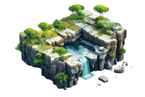 Beautiful 3D illustration of a lush, green, rocky landscape with a flowing waterfall and vibrant trees, set in a serene nature scene. png