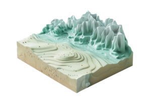 3D rendering of a topographic map model featuring a mountainous landscape with valleys, highlighting terrain elevation and geographical features. png