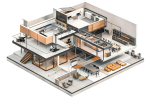 3D rendering of a modern open-plan home interior, showcasing a multi-level layout with contemporary design elements. png