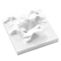 3D white topographic map model showcasing elevation contours and terrain features, ideal for presentations and educational purposes. png