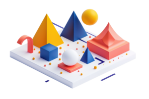3D geometric shapes on a platform, featuring vibrant colors and unique forms, perfect for abstract and modern design concepts. png