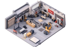 3D rendering of a modern industrial workshop with tools, equipment, and storage units, showcasing a well-organized workspace. png