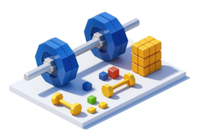 3D illustration featuring barbell, dumbbells, and cubes on a platform, ideal for topics related to fitness, exercise, and weightlifting. png