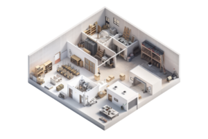 3D isometric illustration of a warehouse interior, showcasing storage racks, boxes, pallets, and various workspaces in a organized layout. png
