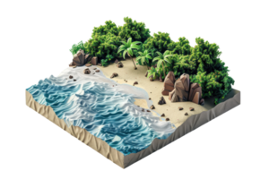 3D illustration of a tropical beach with waves, sand, rocks, and lush green trees, creating a serene coastal scene. png