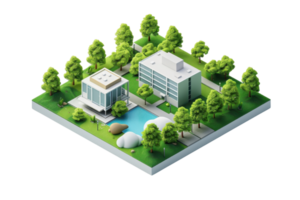 3D illustration of modern buildings surrounded by trees with a small pond, creating a peaceful and natural environment. png