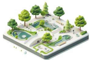 3D isometric illustration of a serene park with trees, pathways, and ponds, ideal for urban design and landscape visualization. png