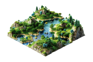3D isometric landscape illustration featuring a vibrant, lush environment with water bodies, greenery, and rocky cliffs, ideal for nature themes. png