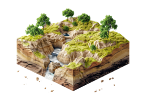 3D illustration of a detailed landscape cross-section with lush trees, a flowing river, and layered earth showing geological strata. png