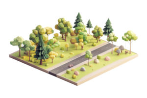 3D low-poly illustration featuring a road running through a forest with trees and rocks, representing nature and transportation in art. png
