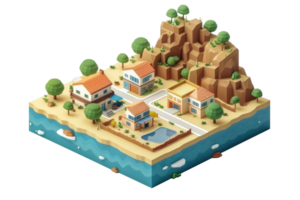 3D model of a small coastal town with houses, trees, and hills, surrounded by water, ideal for gaming, architecture, or design projects. png