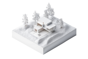 3D rendered model of a modern house surrounded by trees on elevated terrain, showcasing contemporary architectural design. png