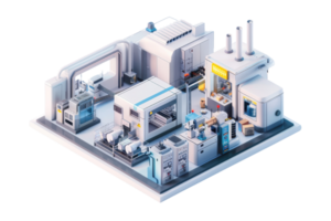 3D rendered image of a modern, industrial factory with machinery and equipment, showcasing an efficient and organized manufacturing environment. png