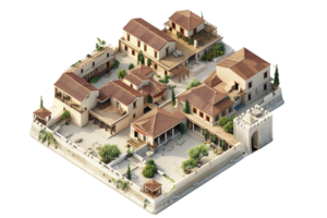3D model of an ancient Roman villa complex with detailed architecture, lush garden courtyards, and interconnected buildings in a fortified area. png
