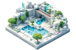 3D rendered isometric view of a stylized modern garden with pools, waterfalls, and lush greenery typical of a tropical paradise. png