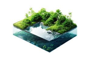 3D rendering of a lush, green forest island surrounded by clear water, showcasing nature's beauty in a cross-sectional view. png