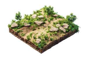 3D rendered display of section of ground with rocks, plants, and soil cross-section, suitable for educational and illustrative uses. png