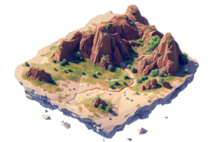 3D rendered isometric desert landscape featuring rocky terrain, cliffs, sparse vegetation, and a winding path under a clear sky. png