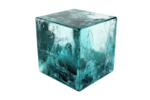 Abstract image of a transparent icy cube with a teal tint, isolated on transparent background. Perfect for design, technology, or nature themed projects. png