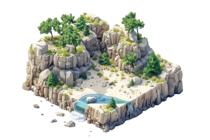 A serene 3D-rendered island with rocky cliffs, lush greenery, and a small waterfall flowing into a tranquil pool below. png