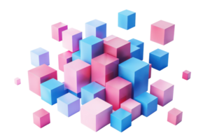 Abstract image of pink and blue 3D cubes arranged in a cluster, creating a visually striking geometric pattern. png