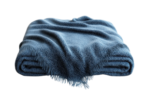 A soft, blue blanket folded neatly with fringed edges. Ideal for cozying up during chilly weather or adding a touch of comfort to your home decor. png