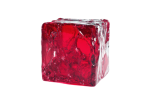A red, transparent ice cube isolated on a transparent background. showcasing its crystalline texture and unique color. png