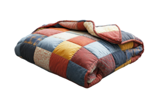 A neatly folded, colorful patchwork quilt with various patterns and textures, ideal for cozy home decor and adding warmth to any room. png