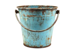 A close-up of a rustic, weathered blue metal bucket with visible rust, emphasizing vintage and antique qualities suitable for decoration. png